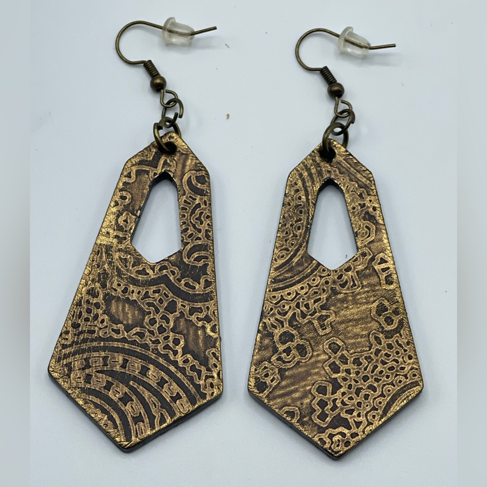 Leather Gold Patterned Drop Earrings